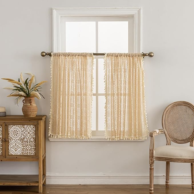 YJ YANJUN Boho Kitchen Window Curtains Over Sink 2 Panels,Each 59" W x 36" L, Beige Crochet Cafe Curtains 36 inch Length Country Short Tassel Curtain Panels for Laundry Room Basement Bathroom Kitchen