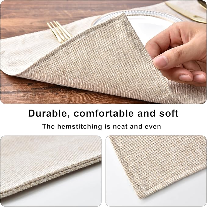 SLKQG Linen-Look Placemats Set of 6, Heat Resistant & Machine Washable Double-Layered Cloth Placemats for Dining Table, Indoor/Outdoor Use, Non-Slip Kitchen Table Mats (6, Light Linen)