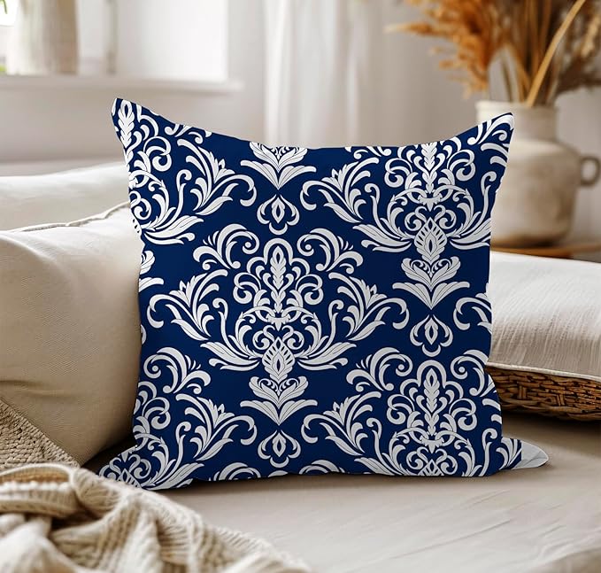 LOVOUS Navy Blue and White Damask Throw Pillow Covers 18x18 Inch Set of 2, Vintage Linen Decorative Pillow Covers for Bed Couch Sofa Bedroom Living Room Home Decor, B12