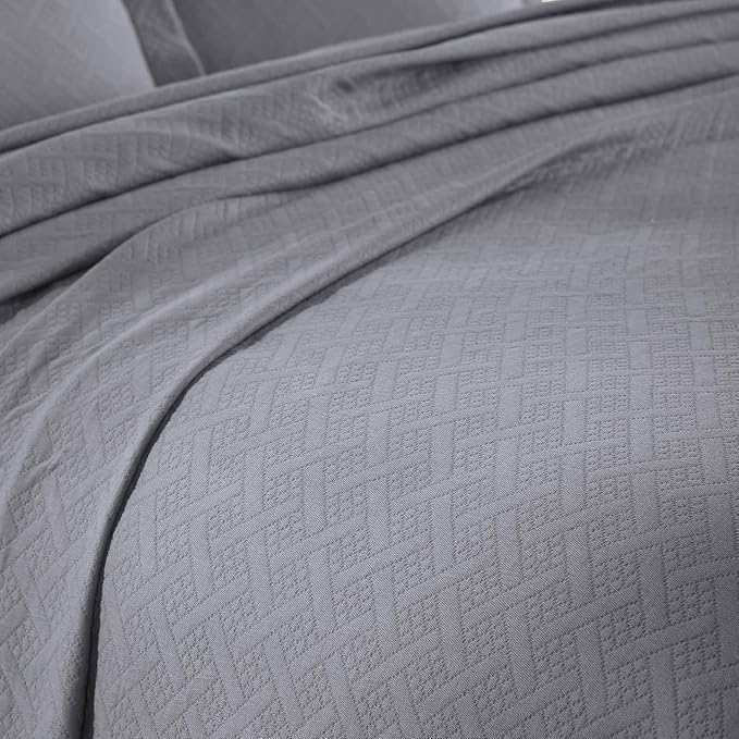 Superior 100% Cotton Basket Weave Bedspread with Shams, All-Season Premium Cotton Matelasse Jacquard Bedding, Quilted-Look Geometric Basket, King, Grey