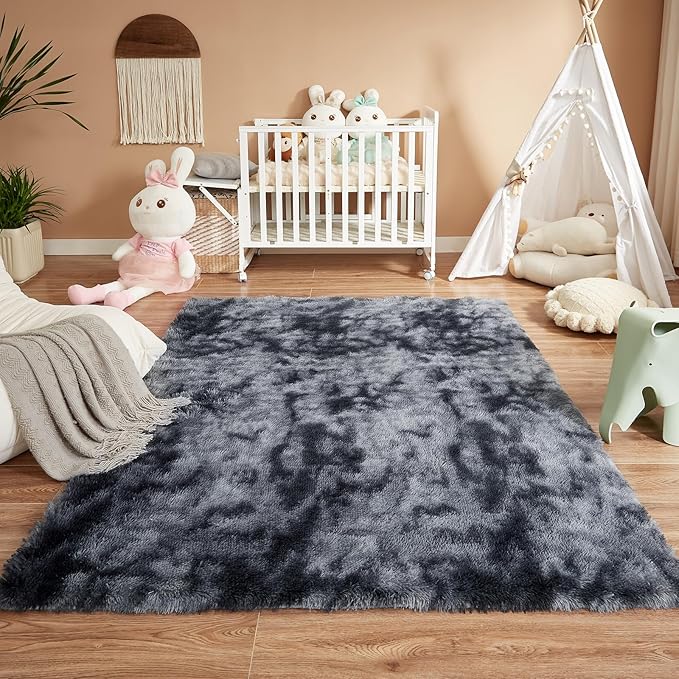 Floralux Upgrade 4x6 Rugs for Bedroom, Tie-Dyed Dark Grey, Fluffy Shaggy Soft Area Rug for Living Room, Non-Slip Indoor Floor Carpet for Nursery, Kids Baby Boys Teen Dorm Home Decor Aesthetic
