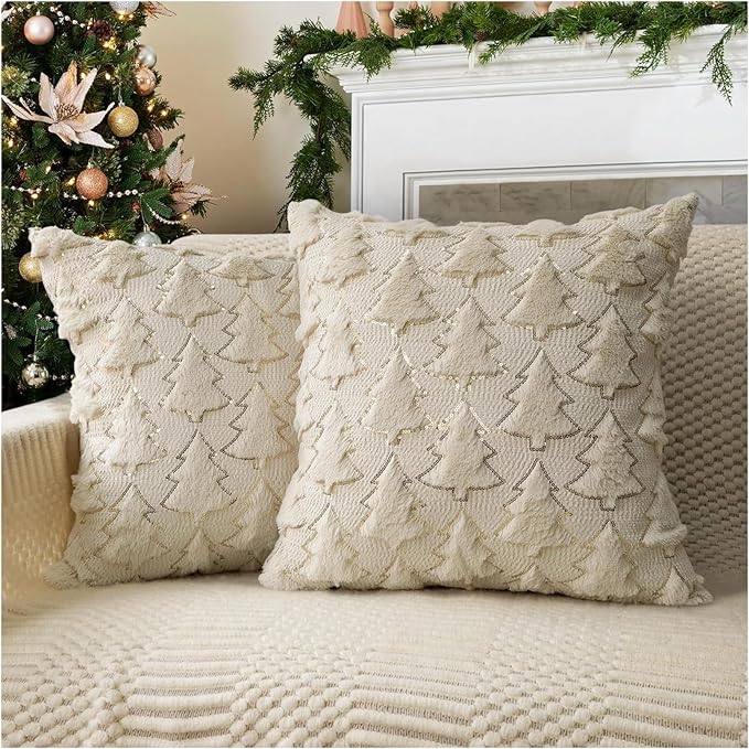 Christmas Throw Pillow Covers Christmas Decorations Set of 2 Xmas Tree 18x18 Pillow Covers Soft Plush Faux Wool Pillow Cases Holiday Winter Decor Sofa Couch Bed