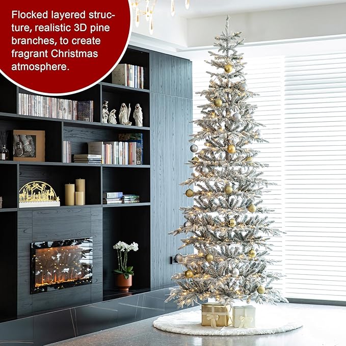 Glitzhome 10ft Prelit Christmas Tree, Artificial Flocked Christmas Tree with 2335 PE&PVC Branch Tips, Deluxe Majestic Frostfall Fir Holiday Tree w/700 Warm White Lights, Three Function, Easy Assembly