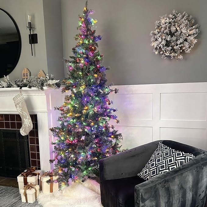 Fraser Hill Farm 6.5-Feet Pre-Lit Buffalo Fir Green Slim Artificial Christmas Tree with Warm White LED String Lights, Realistic Foliage, Lightly Flocked with Pinecones, Stand Included