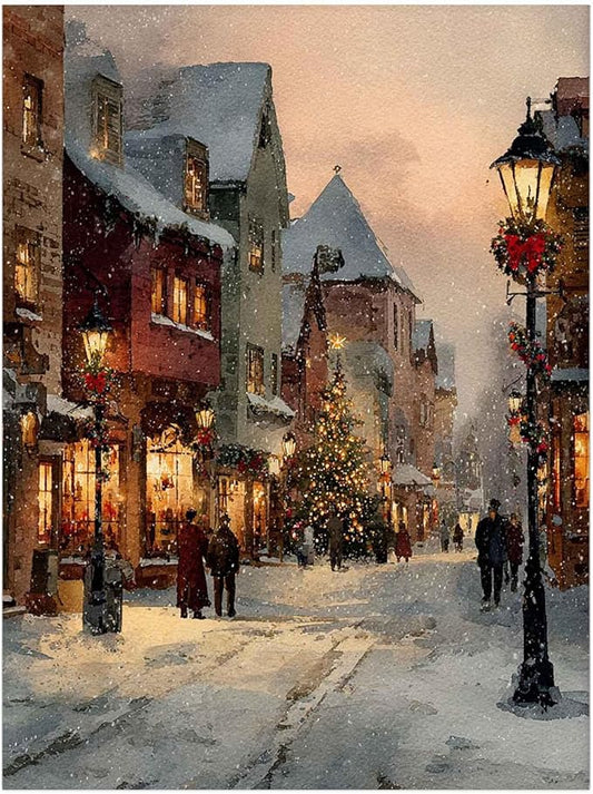 Vintage Christmas Village Prints- Nostalgic Xmas Painting,Snowy Village,Rustic Holiday Decor,Cottage-core Christmas Tree Prints