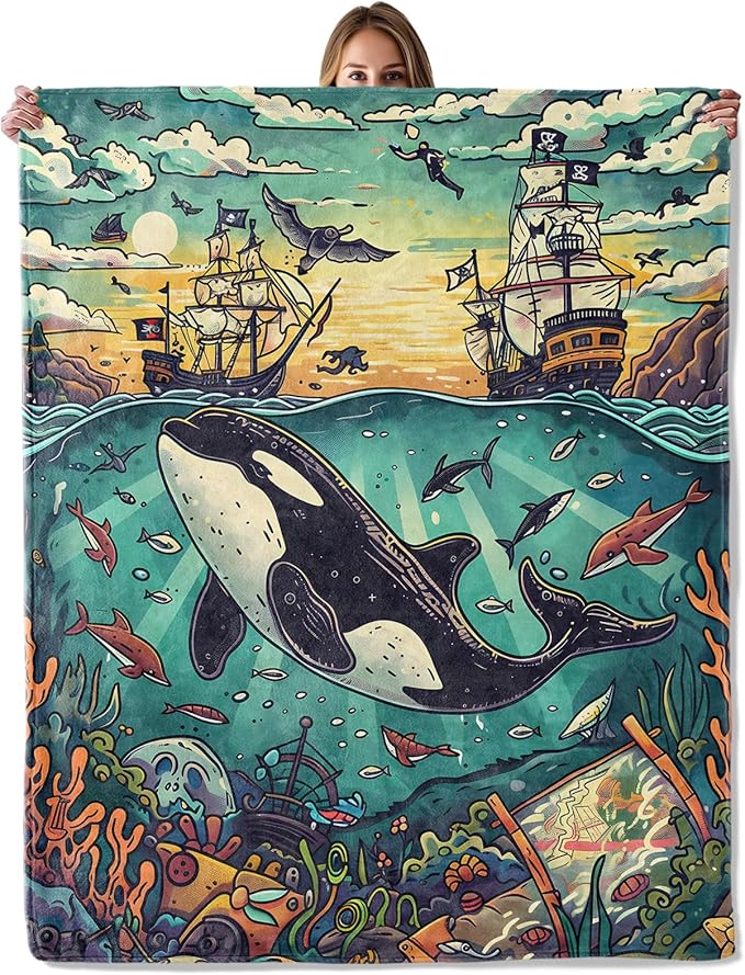 Pirate Whale Ocean Adventure Throw Blanket for Adutls Kids, 40x50 in, Cozy Soft Warm Fleece Blankets Gifts for Couch, Camping, Hiking Decor