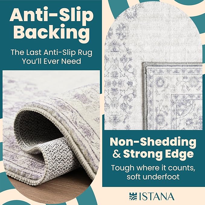 Istana Boho Area Rug - Grey/White Cream Carpet - Foldable 9x12 Washable Rug - Stain Resistant Rubber Backed Area Rugs -Large Area Rugs for Living Room 9x12 – Easy to Clean Gray Living Room Rugs