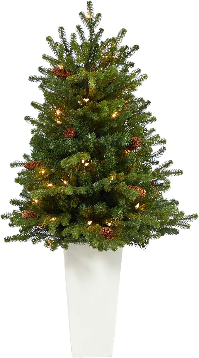 Nearly Natural 3.5ft. Yukon Mountain Fir Artificial Christmas Tree with 50 Clear Lights and Pine Cones in White Planter