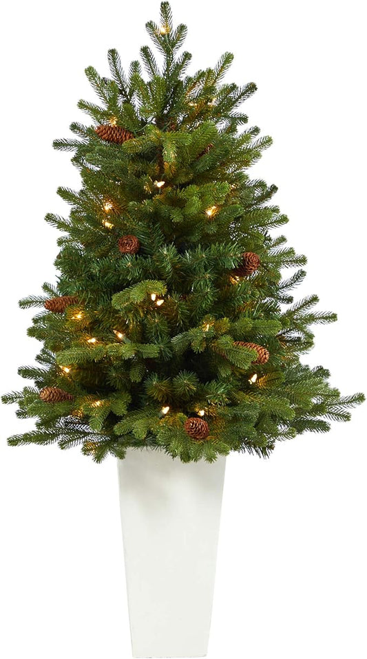 Nearly Natural 3.5ft. Yukon Mountain Fir Artificial Christmas Tree with 50 Clear Lights and Pine Cones in White Planter