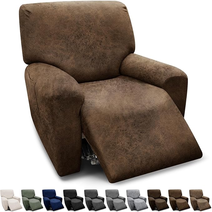 Chair Covers 4-Pieces Recliner Chair Covers 1 Seater Cover for Recliner Chair Leather Look Recliner Slipcovers with Pockets Spandex Fabric Furniture Covers(Recliner, Brown)