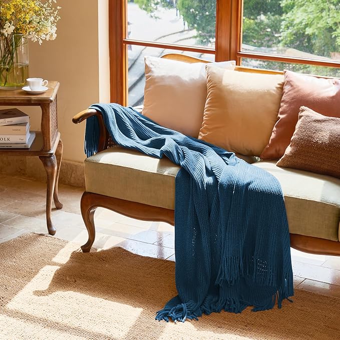 lifein Throw Blanket for Couch, Soft Boho Decor Bed Throw,Cozy Washed Blue Knitted Chenille Small Farmhouse Lightweight Throw (Washed Blue,50 * 60")