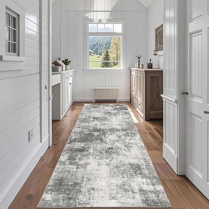 2.6x8 Modern Abstract Rug Washable Area Rugs for Living Room Bedroom Dining Room Non-Slip Low Pile Neutral Large Rug Soft Indoor Floor Carpet, Gray