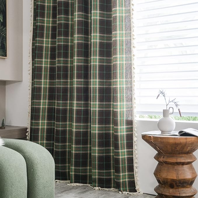 Sutuo Home Boho Curtains for Bedroom 84 Inch Length, Light Filtering Country Farmhouse Vintage Shabby Chic Tassels Window Treatment Bohemian Grid Drape for Xmas Decor 1 Panel 52"W x 84"L, Green Plaids