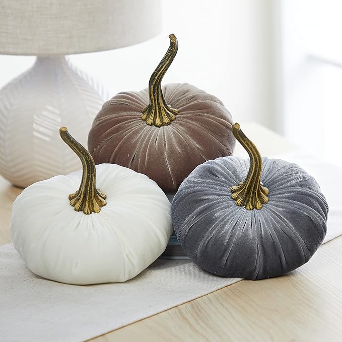 Set of 3 Velvet 6.25 Inch Pumpkins, fall decor, cozy autumn vibe, tiered tray tablescape, elegant accent decor, Thanksgiving centerpiece, neutral mantel decor (Gray, Taupe, Ivory)