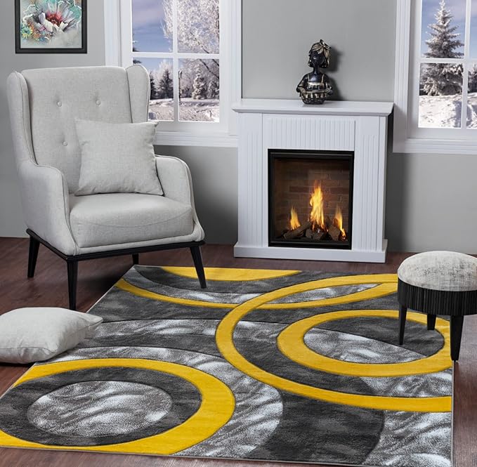 GLORY RUGS Area Rug Modern 5x7 Yellow Circles Geometry Soft Hand Carved Contemporary Floor Carpet Fluffy Texture for Indoor Living Dining Room and Bedroom Area