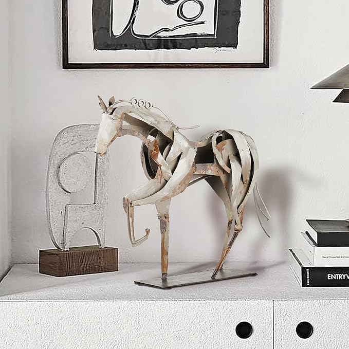 Handmade Metal Horse Statue Decor - Handcrafted & Hand-Painted Sculpture, Unique Rustic Figurine for Home, Office, Desk Decoration (White)