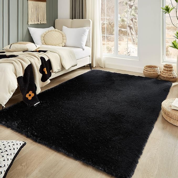 Floralux 6x9 Rugs for Living Room, Black Fluffy Area Rug for Bedroom, Non-Slip, Ultra Soft Plush Shag Carpet for Kids Boys Girls Room, Playroom, Home Decor Aesthetic