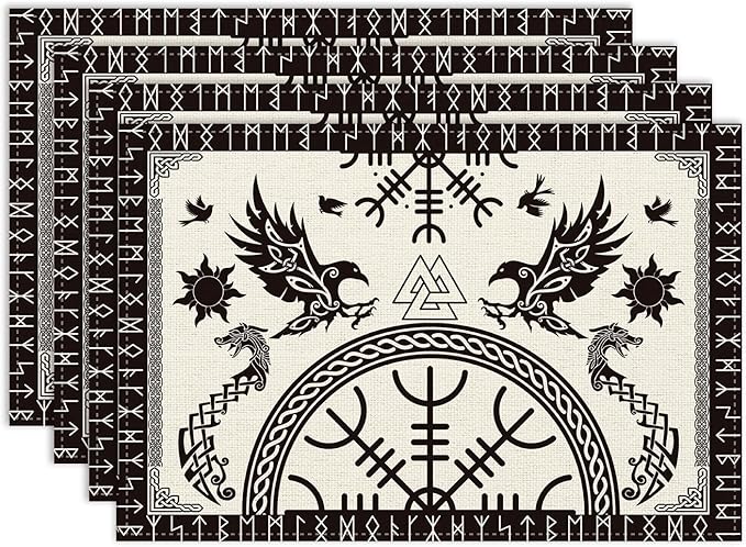 Viking Placemat Set of 6, 12x18 Inch Vintage Tree of Life Nordic Mythology Raven Helmet of Awe Dragon Animal Black Rustic Coffee Table Mats for Outdoor Farmhouse Kitchen Dining Table Decoration