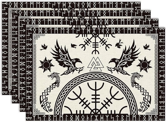 Viking Placemat Set of 6, 12x18 Inch Vintage Tree of Life Nordic Mythology Raven Helmet of Awe Dragon Animal Black Rustic Coffee Table Mats for Outdoor Farmhouse Kitchen Dining Table Decoration