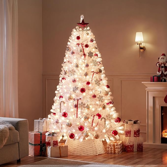 Yaheetech 6ft Pre-lit Spruce Artificial Hinged Christmas Pine Tree Prelighted Holiday Xmas Tree for Home Party Decoration with 300 Warm White Lights and 818 Branch Tips, White