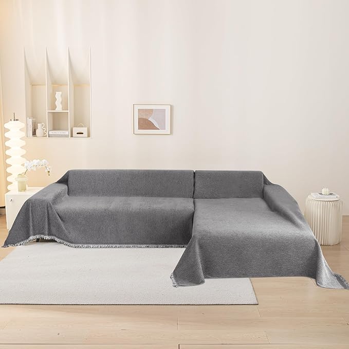 MEETSKY Couch Cover for Dogs Washable, Grey Sofa Covers for 3 Cushion Couch Sofa Chenille Thick Sectional Sofa Slipcover Blanket for Pets Modern Furniture Protector Covers, 91" x 134", Dark Grey
