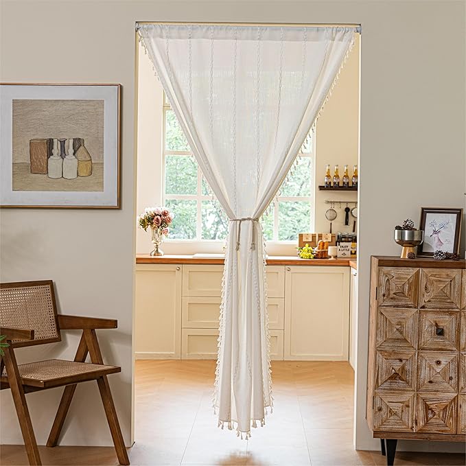 Sutuo Home Door Curtains for Doorway, Light Filtering Curtains Privacy Bohemian Embroidery Drape Decor for Temporary Room Dividers Bedroom Living Room, Rod Pocket 1 Panel 37" W x 80" L, White