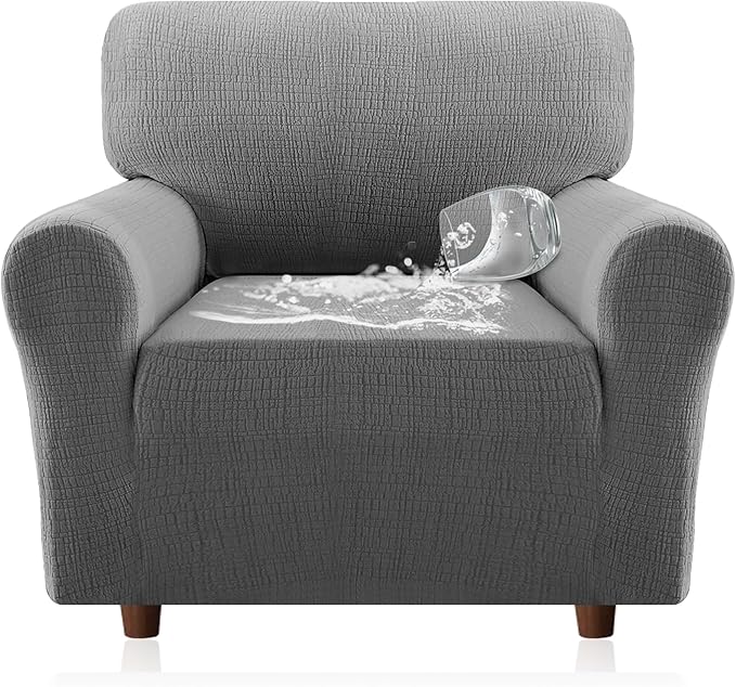 H.VERSAILTEX Jacquard Sofa Slipcover with Waterproof Seat Furniture Protector 1 Piece Stretch Sofa Covers with Elastic Bottom for Kids, Pets, Dog(Armchair, Grey)