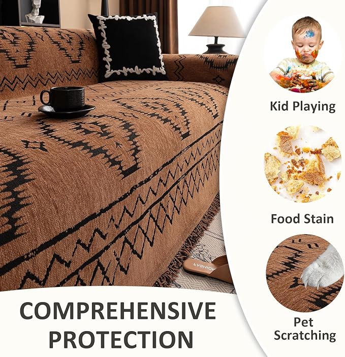 VClife Bohemian Sofa Covers Chenille Couch Cover for Sectional Couch, Soft Non Slip Couch Covers for 2 Cushion Sofa Breathable Sofa Furniture Protector Slip Cover for Couch, Pumpkin, 71"X118"