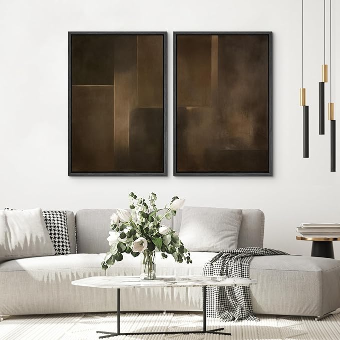 SIGNWIN Framed Canvas Print Wall Art Set Bronze Shadow Geometry Abstract Brown and Gold Gradient Zen Bohemian for Living Room, Bedroom, Office - 24"x36"x2 BLACK