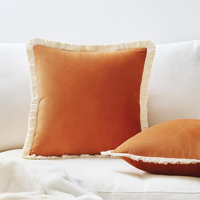 MONDAY MOOSE Decorative Throw Pillow Covers Cushion Cases, Set of 2 Soft Velvet Modern Fringe Tassel Designs, Mix and Match for Home Decor, Pillow Inserts Not Included (Orange, 18x18 inch)