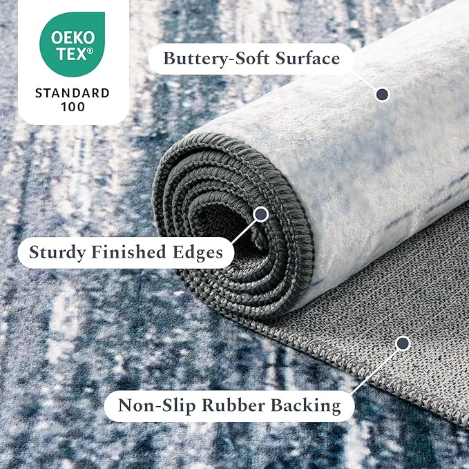 Rugflix 6x9 Area Rug, Washable Rug for Living Room, Non Slip, Soft Low Pile, Modern Abstract Blue Grey Rug for Bedroom, Dining Room, Home Office, Indoor Floor Carpet