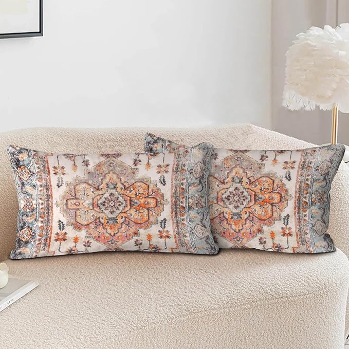 Boho Throw Pillow Covers 12x20 inch Set of 2,Boho Vintage Carpet Pattern Antique Ethnic Decor Double Sided Pattern Cushion Cover Soft Pillow Case Living Sofa Room Bed Square Pillow Cover