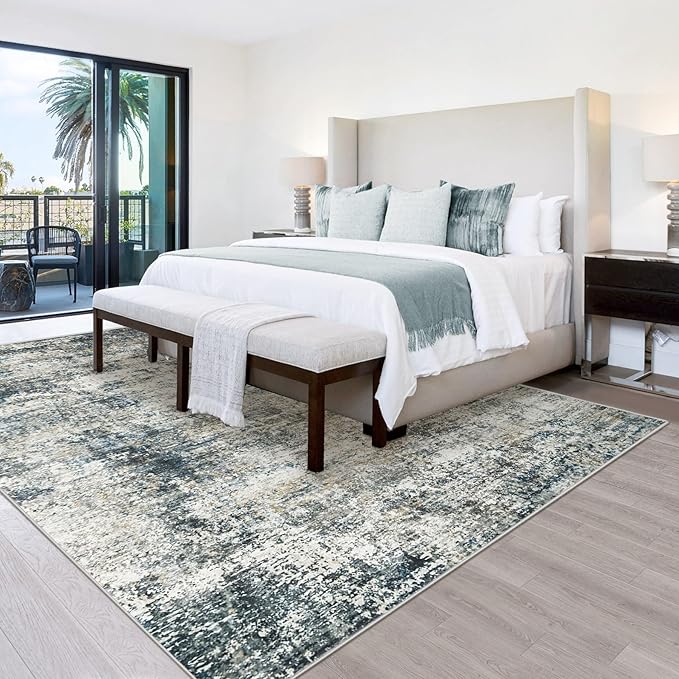 5x7 Washable Area Rug for Living Room: Modern Abstract Rugs Soft Non-Slip Low-Pile Indoor Floor Carpet for Bedroom, Dining Room, Nursery (BlueGreyBrown, 5'x7')