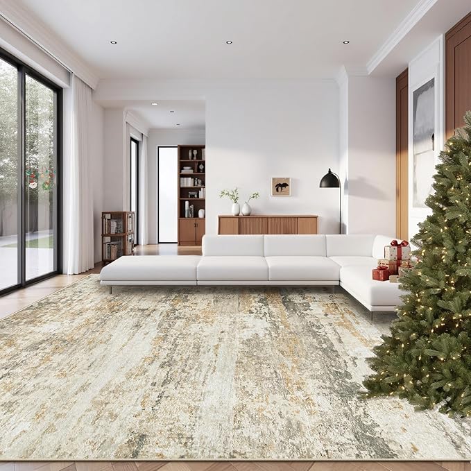Area Rugs 9x12 for Living Room: Washable Rug Modern Abstract Neutral Soft Non-Slip Low-Pile Indoor Large Carpet for Bedroom Dining Room Playroom Home Office (Beige Grey Brown, 9'x12')