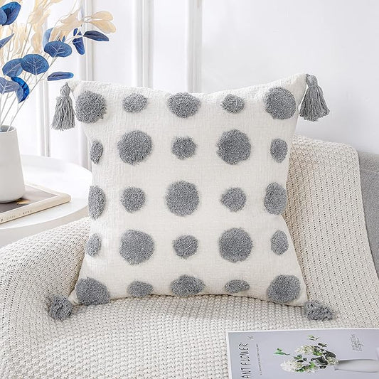 PANOD Super Soft Farmhouse Decorative Plush Throw Pillow Covers 20 x 20 Grey,Solid Pom pom Tufted with Tassels Modern Accent Boho Square Cushion Cover Pillow Case for Couch Sofa