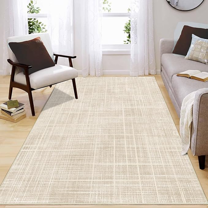 Enkor Area Rugs 4x6 Washable Non Slip Abstract Soft Rugs for Living Room Bedroom, Modern Mat for Kitchen Entryway Beige Grid