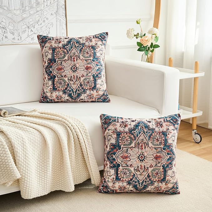 Boho Throw Pillow Covers 24x24 inch Set of 2,Boho Vintage Carpet Pattern Antique Ethnic Decor Double Sided Pattern Cushion Cover Soft Pillow Case Living Sofa Room Bed Square Pillow Cover