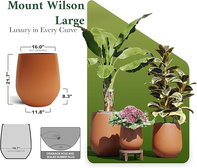 DTY Signature Mount Wilson Modern Indoor Outdoor Fiberstone Tapered Planter, Lightweight, Weather Resistant Garden Pot with Drainage Hole & Rubber Plug, Planter for Christmas Decor –Terracotta, Medium