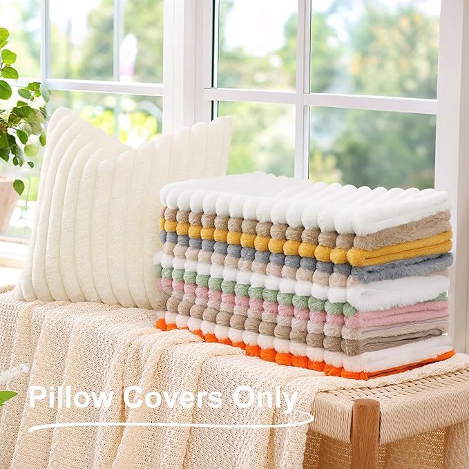 decorUhome Faux Fur Christmas Throw Pillow Covers 22x22 Set of 2, Decorative Soft Plush Striped Neutral Couch Euro Pillow Covers with Velvet Back for Sofa, Bed, Living Room Home Decor, Black