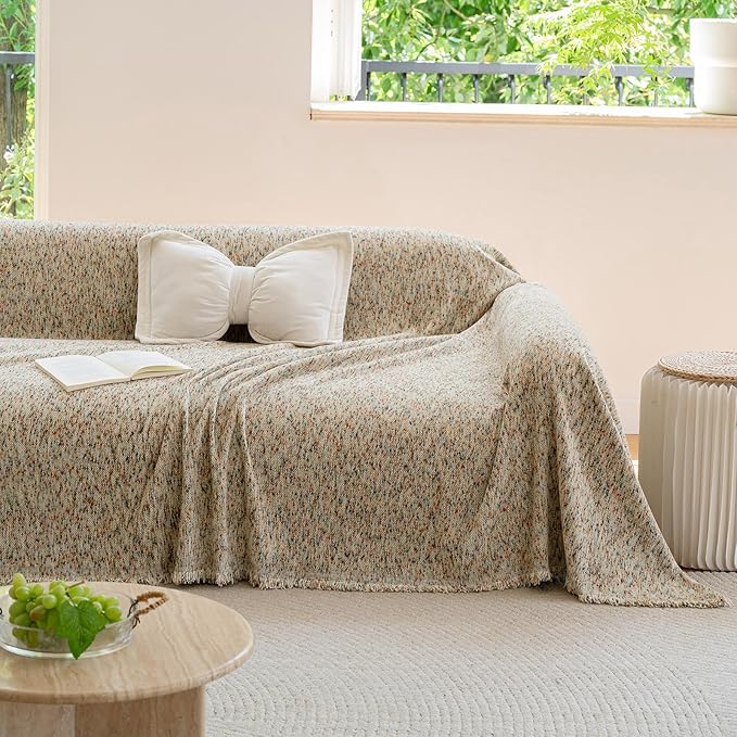 ROOMLIFE Boho Beige Couch Cover for Dogs, Washable Non Slip Furniture Protector Couch Sofa Covers for 3 Cushion Couch, Soft Chenille Couch Cover Throw Blanket with Tassels 71''X118''
