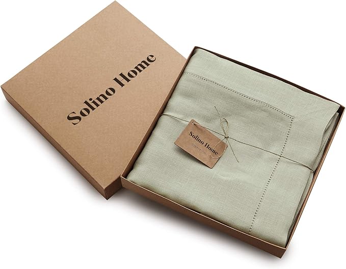 Solino Home Linen Tablecloth for Rectangle Tables 60 x 90 Inch - Classic Hemstitch 100% Pure Linen Sage Green Table Cloth - Machine Washable Cloth Tablecloth for Autumn, Thanksgiving, Christmas