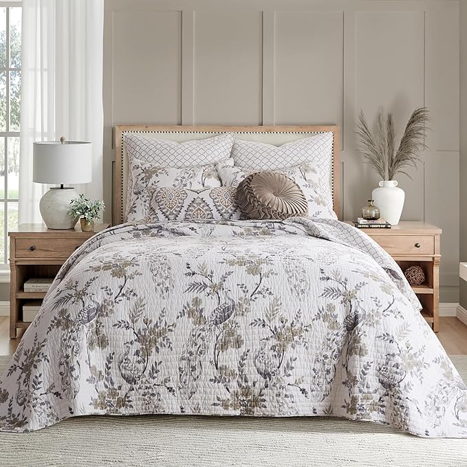 Levtex Home Pisa Reversible Queen Bedspread Set (110x106in) with 2 Pillow Shams (26x20in) - Floral Peacock - Grey, Taupe - Cotton Queen Size Bedspread Set - Lightweight, Soft, Pre-Washed