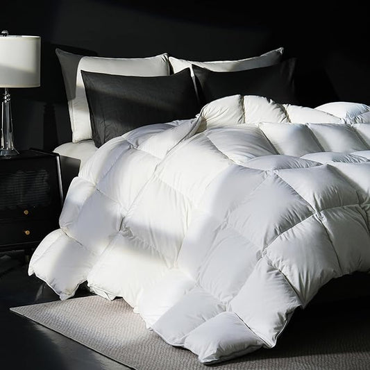 Goose Feather Down Fiber Comforter Queen Size, 100% Cotton Cover Ultra Soft Fluffy Duvet Insert Queen, All Season Luxurious Hotel Bedding Comforter, White 90"x90"