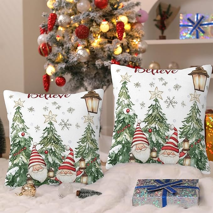 Christmas Pillow Covers 18X18, Christmas Tree and Gnomes Decorative Throw Pillow Covers, Winter Christmas Believe Snowflakes Pillow Cover Pillowcase Cushion Case for Home Sofa Couch Indoor Set of 2