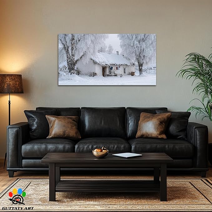 GUTTATY Christmas Winter Scene Canvas Pictures, Snowy Village Wall Decor, White Frost Landscape Canvas Artwork, Rustic Cabin Wall Painting for Living Room, Bedroom, Holiday Decoration, 24x12 Inch