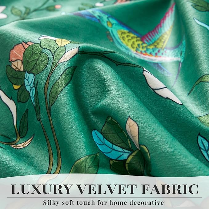 Velvet Floral Curtains 108 inches for Living Room,Dark Green Vintage Whimsical Botanical Room Darkening Curtain Drapes,2 Panels Mid Century Art Deco Hummingbird Colorful Window Curtains for Bedroom