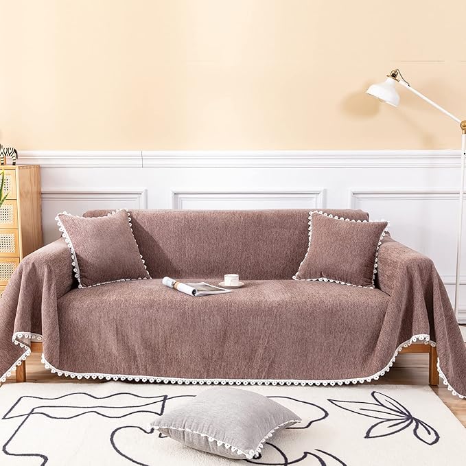 VClife Couch Cover Modern Brown Couch Covers for 3 Cushion Couch Sofa - Washable Chenille Sofa Cover with Lace for Living Room Office RV Bedroom (71"X134") Gift for Christmas Thanksgiving Birthday