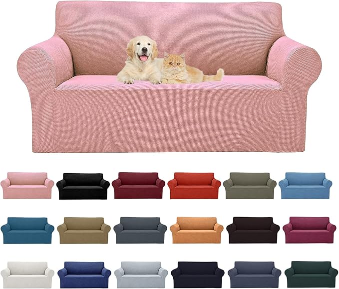 Cupuamon 2025 New Stretch Loveseat Sofa Slipcovers Couch Cover for 2 Cushion Furniture Protector Sofa Covers with Elastic Bottom Jacquard Fabric Small Checks for Pets, Kids - Dusty Pink