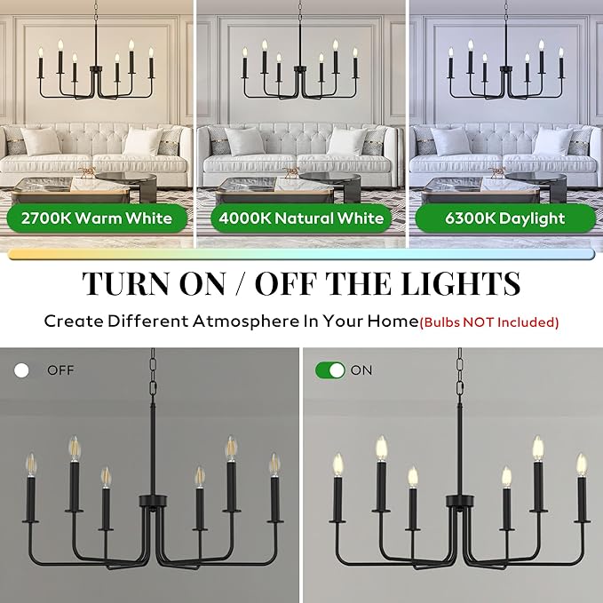 Farmhouse Chandelier, 6-Light Metal Hanging Ceiling Light Fixture for Dining Room, Kitchen Island, Living Room, Entryway, Foyer-Matte Black