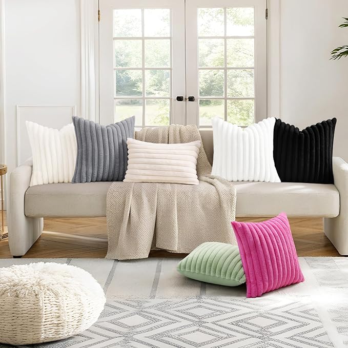 decorUhome Faux Fur Christmas Throw Pillow Covers 16x16 Set of 2, Decorative Soft Plush Striped Neutral Couch Euro Pillow Covers with Velvet Back for Sofa, Bed, Living Room Home Decor, Hot Pink